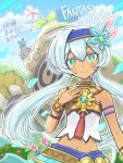  1girl arm_tattoo bare_shoulders bird blue_eyes blue_flower blue_hair blue_hairband blue_skirt blue_sky bracelet closed_mouth cloud commentary_request copyright_name cowboy_shot dark-skinned_female dark_skin facial_tattoo falling_petals fantasy_life fantasy_life_i:_the_girl_who_steals_time feather_hair_ornament feathers flower gears gold_necklace green_eyes hagram_(fantasy_life) hair_between_eyes hair_flower hair_ornament hairband hand_on_own_chest hand_up jewelry long_hair looking_at_viewer low_twintails midriff necklace outdoors petals pink_flower rem_(fantasy_life) robot runachikku shirt skirt sky smile solo sparkle standing tattoo translation_request trip_(fantasy_life) twintails white_shirt 
