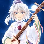  bachi blush detached_sleeves full_moon grey_hair hat hirasawa_yuu instrument japanese_clothes kariginu lips mononobe_no_futo moon night plectrum ponytail shamisen short_hair silver_hair smile solo tate_eboshi touhou 