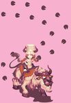  animal boots braid earrings elbow_gloves footprints gloves hat hooves horns jewelry original pink_background red_hair riding smile straddling sunglasses thigh_boots thighhighs twin_braids zounose 