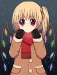  blonde_hair blush bow coat flandre_scarlet hair_bow heart heart-shaped_pupils mittens red_eyes side_ponytail snowing solo symbol-shaped_pupils touhou wings winter_clothes winter_coat yukari_yukke 