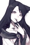  animal_ears bow fingernails imaizumi_kagerou jewelry junwool licking_hand long_fingernails long_hair long_sleeves looking_at_viewer monochrome simple_background sketch smile solo tongue tongue_out touhou white_background wide_sleeves wolf_ears 