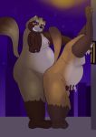  2019 anthro balls belly blush canine censored cum duo erection green_eyes kuzunoha_0705 male male/male mammal moobs nipples outside overweight overweight_male penetration penis sex tanuki 