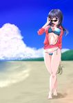  beach bikini black_eyes black_hair breasts cleavage day goroomaru high_heels highres jacket light_smile long_hair looking_at_viewer medium_breasts o-ring o-ring_bottom open_clothes open_jacket original sleeves_pushed_up solo sunglasses swimsuit unzipped walking zipper 