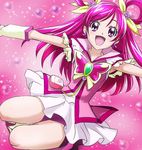  bike_shorts cure_dream earrings hair_ribbon hair_rings haruyama_kazunori jewelry long_hair looking_at_viewer magical_girl open_mouth outstretched_arms pink_background pink_hair pink_shorts precure purple_eyes ribbon shorts solo yes!_precure_5 yes!_precure_5_gogo! yumehara_nozomi 