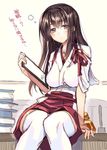  akagi_(kantai_collection) arm_support black_hair book_stack clipboard coffee_cat desk japanese_clothes kantai_collection long_hair looking_at_viewer on_desk purple_eyes sitting sitting_on_desk solo tasuki translation_request 