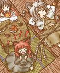  &gt;_&lt; anger_vein animal_ears arms_behind_head barefoot black_hair bow braid brown_eyes capelet cat_ears cat_tail clenched_hands closed_eyes cup detached_sleeves dowsing_rod dress expressionless fang food food_in_mouth from_above fruit gohei grey_hair hair_bow hair_tubes hakurei_reimu kaenbyou_rin kotatsu long_sleeves lying mandarin_orange mouse mouse_ears mouse_tail multiple_girls multiple_tails nazrin on_back one_eye_closed open_mouth plate pocky red_eyes red_hair saucer short_hair sideways_glance skirt skirt_set table tail tail_wagging tatami teapot touhou twin_braids under_kotatsu under_table ys_(ytoskyoku-57) 