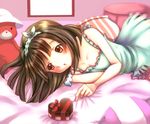  bakemonogatari box brown_eyes brown_hair hairband heart lying monogatari_(series) on_side pillow sengoku_nadeko short_hair soraka_(apple_mile7) stuffed_animal stuffed_toy teddy_bear 