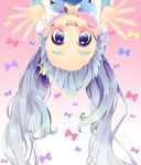  blue_eyes blue_hair crown cure_princess face gradient gradient_background happinesscharge_precure! long_hair magical_girl mini_crown pink_background polka_dot polka_dot_background precure shirayuki_hime sidelocks smile solo twintails upside-down uzuki_aki 