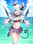  1girl ;d bettle_(b_s_a_n) bikini black_sandals blue_eyes blue_jacket blue_sky braid breasts cleavage cloud commentary_request crescent_moon cropped_jacket day demon_girl demon_horns demon_tail demon_wings donut_hair_ornament fantasy_life food-themed_hair_ornament hair_ornament heart highleg highleg_bikini highres hood hood_down hooded_jacket horns jacket layered_skirt long_sleeves looking_at_viewer microskirt moon navel ocean one_eye_closed open_clothes open_jacket open_mouth outdoors outstretched_arms purple_skirt sandals skirt sky smile snow_(fantasy_life) solo standing standing_on_one_leg swimsuit tail twin_braids water water_drop wings 