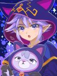  1boy animal_ears animal_hood animalization black_gloves cat_ears cat_hood colin_(fantasy_life) commentary_request earrings fantasy_life fantasy_life_i:_the_girl_who_steals_time gloves highres holding holding_stuffed_toy hood hood_up jewelry male_focus open_mouth outline person_and_animalization pointy_ears purple_eyes purple_hair runachikku short_hair solo sparkle stuffed_animal stuffed_cat stuffed_toy sweatdrop upper_body white_outline 