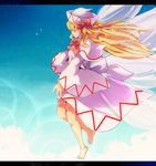  absurdres baba_(baba_seimaijo) barefoot blonde_hair bow capelet closed_eyes dress fairy_wings hat hat_bow highres letterboxed lily_white long_sleeves pink_dress sash solo sparkle tears touhou wide_sleeves wings 