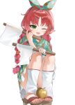  1girl ;d absurdres apple arknights blue_kimono blue_ribbon braid brown_sandals commentary_request dokomon fang flag food fruit full_body geta golden_apple green_eyes hair_ornament hair_ribbon hairclip highres holding holding_flag japanese_clothes kimono korean_commentary long_hair looking_at_viewer low_twintails myrtle_(arknights) one_eye_closed parted_bangs pointy_ears print_kimono red_hair ribbon sandals simple_background smile solo squatting twin_braids twintails very_long_hair white_background white_flag 