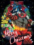  1boy 2others ? abs absurdres artist_name barefoot black_background bulge christmas christmas_lights claws dated english_commentary fake_antlers furry furry_male hat highres holding holding_sack incineroar looking_at_another looking_at_object looking_at_viewer lucario male_underwear merry_christmas mistletoe multiple_others muscular muscular_male open_mouth pectorals pointing pokemon pokemon_(creature) red_male_underwear sack santa_hat snowjune speech_bubble spoken_question_mark underwear zeraora 