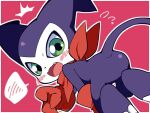  anthro bandai_namco blush butt claws clothing digimon digimon_(species) gloves green_eyes handwear impmon kerchief kneeling male neckerchief neckwear purple_body solo spade_tail tail yuzuaccident 