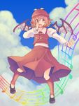  anarogumaaa animal_ears blue_sky blush cloud day hand_to_own_mouth hat highres leg_warmers musical_note mystia_lorelei open_mouth red_eyes red_hair revision short_hair sky solo touhou wings 