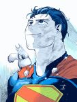  1boy absurdres animification black_hair blue_bodysuit blue_eyes bodysuit cape dc_comics highres leotard manabu_yashiro nut_(food) red_cape short_hair sleeved_leotard smile squirrel superhero_costume superman superman_(2025) superman_(series) superman_logo 