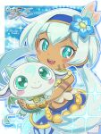  1girl :d animal arm_tattoo blue_eyes blue_flower blue_hair blue_hairband blue_sky bone_dragon_(fantasy_life) bracelet cloud commentary_request cowboy_shot dark-skinned_female dark_skin dragon fantasy_life fantasy_life_i:_the_girl_who_steals_time flower gears growler_(fantasy_life) hair_flower hair_ornament hairband highres holding holding_animal jewelry long_hair looking_at_viewer low_twintails necklace open_mouth rem_(fantasy_life) runachikku skeleton sky smile solo sparkle standing tattoo twintails 
