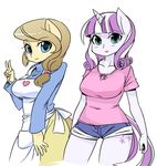  anthro anthrofied apron blue_eyes breasts brown_hair button&#039;s_mom button's_mom clothed clothing cutie_mark duo equine female friendship_is_magic hair horn horse mammal milf mother my_little_pony parent pony shepherd0821 shorts smile star_sparkle_(mlp) twilight_velvet_(mlp) two_tone_hair unicorn 