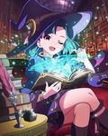  ;d blue_hair book bookshelf bracelet crossed_legs hat idolmaster idolmaster_million_live! inkwell jewelry looking_at_viewer magic magic_circle nanao_yuriko official_art one_eye_closed open_mouth quill sitting skirt smile sparkle witch_hat yellow_eyes 