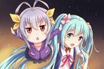  :&lt; :d antenna_hair aqua_eyes aqua_hair bad_id bad_pixiv_id blush brown_eyes chestnut_mouth closed_mouth flower frills hair_flower hair_ornament hair_ribbon hand_puppet hatsune_miku jitome long_hair long_sleeves looking_at_viewer miyauchi_renge multiple_girls neck_ribbon non_non_biyori open_mouth outstretched_arms puppet purple_hair reki_(lichk) ribbon short_sleeves smile spread_arms star_(sky) twintails v-shaped_eyebrows vocaloid 