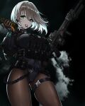  1girl absurdres ammunition_pouch battle_rifle black_background black_gloves black_leotard black_pantyhose breasts bulletproof_vest explosive flashbang fn_scar_17 gloves green_eyes grenade grey_hair gun highres holding holding_grenade holding_weapon large_breasts lee_nabi leotard magazine_(weapon) medium_hair orange_gloves pantyhose pouch rifle simple_background smoke solo soulworker thigh_strap two-tone_gloves waka_(tkdh8778) weapon 