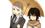  1girl bad_id bad_pixiv_id banned_artist black_eyes blonde_hair brown_hair formal highres long_hair mizuki_kiyoshi necktie open_mouth original scarf short_hair smile suit umbrella white_background white_hair 