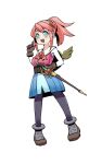  1girl :d belt black_pantyhose blue_eyes blue_skirt brown_gloves brown_shoes fantasy_life fantasy_life_i:_the_girl_who_steals_time full_body gloves hair_ornament hand_on_hilt hand_up heart heart_hair_ornament highres index_finger_raised inothi laura_(fantasy_life) long_hair long_sleeves looking_at_viewer open_mouth pantyhose pink_hair pleated_skirt ponytail shirt shoes simple_background skirt smile solo standing sword weapon white_background white_shirt 