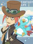  1boy :d beard belt bird blue_necktie brown_coat brown_hat coat collared_shirt commentary_request copyright_name cowboy_shot edward_(fantasy_life) facial_hair fantasy_life fantasy_life_i:_the_girl_who_steals_time goggles goggles_on_headwear grey_eyes hand_on_own_hip hand_up hat highres long_sleeves looking_at_viewer low_ponytail male_focus necktie notice_lines open_mouth outline pants ponytail red_hair runachikku shirt smile solo sparkle standing top_hat trip_(fantasy_life) twitter_username white_outline white_shirt 
