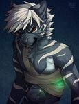  abstract_background angry bandage clenched_teeth clothed clothing cyborg falvie feline fur glowing hair half-dressed looking_at_viewer male mammal muscles no_nipples pecs red_eyes shadow sharp_teeth shiny short_hair solo squint standing teeth tiger 