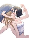  2girls bite_mark bite_mark_on_arm bite_mark_on_neck black_hair blue_shirt blush breasts brown_hair cleavage closed_eyes commentary deerwhisky french_kiss hand_on_another&#039;s_neck highres holding_another&#039;s_wrist kiss long_hair medium_breasts miyagi_shiori multiple_girls open_mouth sendai_hazuki shirt short_hair short_sleeves shuuniichido_classmate_wo_kau_hanashi simple_background teeth white_background yuri 
