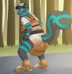 ageplay anthro baltnwolf baseball_cap bending black_body black_fur blue_body blue_fur canid canine canis clothed clothing diaper facial_piercing feces fur grass hand_on_diaper hat head_turned headgear headwear heterochromia hi_res hybrid infantilism looking_at_diaper looking_back male mammal markings mephitid multicolored_body multicolored_fur nose_piercing nose_ring outside pantsless piercing plant rear_view ring_piercing roleplay safety_vest skunk skunk_tail soiled_diaper solo star_(marking) topwear touching_diaper tree two_tone_body two_tone_fur unclean_diaper used_diaper vest wolf