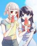  2girls alternate_costume black_choker black_hair blue_dress blue_eyes blue_shirt blue_sky choker cloud colored_inner_hair commentary_request cowboy_shot day dollchestra dress food gradient_clothes gradient_shirt green_shirt grey_hair grey_shorts hair_ornament half_updo hasu_no_sora_school_uniform highres kanduki_kamibukuro link!_like!_love_live! long_hair love_live! multicolored_hair multiple_girls murano_sayaka neckerchief o-ring o-ring_choker orange_shirt ponytail popsicle puffy_short_sleeves puffy_sleeves red_eyes red_hair red_neckerchief sailor_dress school_uniform shirt short_hair short_ponytail short_sleeves shorts sky star_(symbol) star_hair_ornament streaked_hair summer_uniform virtual_youtuber watermelon_bar yellow_shirt yugiri_tsuzuri 
