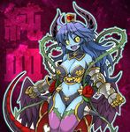  asmodeus_(shinrabanshou) black_sclera blue_hair blue_skin breasts cleavage flower horns large_breasts long_hair looking_at_viewer navel open_mouth pointy_ears purple_legwear riita_iga rose shinrabanshou smile solo tail thighhighs thorns wings yellow_eyes 