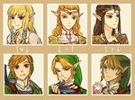  1girl ? bad_id bad_pixiv_id blonde_hair blue_eyes bottle brown_hair earrings hat heart instrument jewelry link long_hair multiple_persona ocarina pointy_ears princess_zelda smile super_smash_bros. sword the_legend_of_zelda the_legend_of_zelda:_ocarina_of_time the_legend_of_zelda:_skyward_sword the_legend_of_zelda:_twilight_princess tiara tobacco_(tabakokobata) weapon 