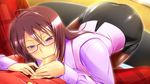  1girl ass blue_eyes blush brown_hair censored fellatio game_cg glasses highres legs looking_down lying oral pantyhose penis ribahara_aki short_hair skirt spread_legs thighs yomi_ecchi!_honzuki_de_mousou_kei_na_senpai_to_otokozuki_de_koakuma_kei_na_sensei_demotte_boku 