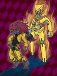 abstract_background accessory anthro aura belt black_body black_fur bottomwear clothing deoxys dialga dio_brando duo ear_piercing ear_ring fur generation_3_pokemon generation_4_pokemon generation_5_pokemon green_headband grey_body grey_fur hair headband hi_res hybrid_pokemon jacket jojo&#039;s_bizarre_adventure knee_pads legendary_pokemon long_hair male nintendo pants piercing pokemon pokemon_(species) red_hair rekstheenigma ring_piercing the_world_(jjba) topwear yellow_body yellow_bottomwear yellow_clothing yellow_eyes yellow_jacket_(clothing) yellow_pants yellow_topwear zoroark