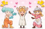  3girls :d absurdres afro_puffs apron arms_up blonde_hair blue_eyes blue_gloves blue_hair blunt_bangs boots brown_boots brown_gloves cherry_(fantasy_life) closed_mouth commentary_request double_bun dress fantasy_life full_body gloves grey_hat hair_bun hair_rings hat highres hitokiwa_kenchin long_hair long_sleeves looking_at_viewer low_twintails multiple_girls nommie_(fantasy_life) notice_lines on_one_knee open_mouth orange_overalls overalls pink_background pink_dress pink_eyes player_(fantasy_life) short_hair smile standing star_(symbol) twintails white_apron white_dress yellow_boots 