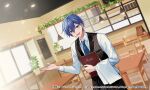  black_jacket black_pants blue_eyes blue_hair blue_nails ceiling_light chair collared_shirt commentary_request cowboy_shot hair_between_eyes hand_up hatsune_miku_logic_paint_s highres holding holding_menu jacket kaito_(vocaloid) lapels long_sleeves looking_at_viewer lower_teeth_only menu menu_board official_art open_mouth pants pinstripe_pants pinstripe_pattern pinstripe_shirt plant restaurant shirt table teeth teito_(0w0kuma) tongue vocaloid waiter wing_collar wooden_chair wooden_table 
