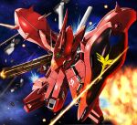  absurdres beam_rifle char&#039;s_counterattack char&#039;s_counterattack_-_beltorchika&#039;s_children commentary_request debris energy_gun exhaust explosion flying funnels_(gundam) glowing glowing_eye green_eyes gun gundam highres holding holding_gun holding_weapon mecha mecha_focus mobile_suit nagi_(user_dwyh2252) neo_zeon nightingale_(gundam) no_humans one-eyed robot science_fiction shield solo space star_(sky) weapon 