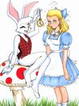  alice_in_wonderland blonde_hair bottomless buckteeth female gloves hair human hypnosis lagomorph mammal mind_control mushroom one_eye_closed pocket_watch sitting sue-chan_(artist) white_rabbit wink 