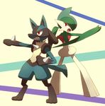  angry back-to-back fighting_pose gallade looking_at_viewer looking_back lucario nintendo no_humans open_mouth pokemon pokemon_(game) pokemon_dppt pose red_eyes sharp_teeth shiwo_(siwosi) standing tail teeth 