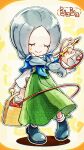  1girl basket black_shoes blue_capelet capelet character_name closed_eyes closed_mouth commentary_request facing_viewer fantasy_life fantasy_life_i:_the_girl_who_steals_time full_body green_skirt grey_hair hand_up highres holding holding_basket holding_needle long_hair long_sleeves needle outline qiri_maru sewing_needle shirt shoes skirt smile solo standing taylor_(fantasy_life) thread translation_request white_outline white_shirt yellow_background 