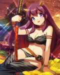  animal_print arm_support bandeau bikini blush breasts cleavage ensemble_girls! ensemble_girls_(artist) horns katana large_breasts long_hair looking_at_viewer mitsudomoe_(shape) navel official_art oni purple_eyes purple_hair smile solo swimsuit sword thighhighs tiger_print tomoe_(symbol) watermark weapon yuuki_tomoko 