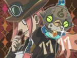  1boy bird brown_hat commentary_request edward_(fantasy_life) fantasy_life fantasy_life_i:_the_girl_who_steals_time food food_in_mouth from_side goggles goggles_on_headwear grey_eyes hat helmet highres holding holding_food holding_pocky incoming_pocky_kiss long_sleeves looking_at_viewer low_ponytail male_focus necktie outline pocky pocky_day pocky_in_mouth ponytail profile red_hair runachikku smile solo sparkle top_hat trip_(fantasy_life) upper_body white_outline 
