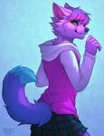  5_fingers blue_background canine claws clothed clothing falvie female fur green_eyes hair happy looking_back mammal multi-colored_hair plain_background raised_arm sharp_claws short_hair skirt smile solo standing sweater teeth wolf 