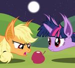  applejack_(mlp) bat bat_pony blonde_hair equine female friendship_is_magic fruit fur hair horn horse magister39 mammal moon my_little_pony orange_fur pegasus pointy_ears pony purple_fur red_eyes stare teeth twilight_sparkle_(mlp) unicorn vampire wings 