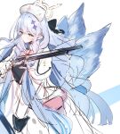  1girl blue_archive blue_hair commentary_request green_eyes halo hat highres kasasagi_(futagodori888) long_hair mine_(blue_archive) multicolored_hair nurse_cap pink_hair pointy_ears simple_background sketch solo two-tone_hair white_background wings 