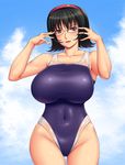  ameoto bare_shoulders black_hair breasts cloud covered_navel curvy day glasses hair_ornament hairband huge_breasts one-piece_swimsuit original purple_eyes short_hair sky solo standing swimsuit thigh_gap 