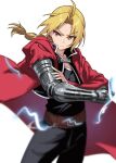  1boy amamiyayk belt black_pants black_shirt blonde_hair braid brown_belt cape chain closed_mouth collarbone edward_elric electricity fullmetal_alchemist gloves grey_eyes highres male_focus mechanical_arms pants red_cape shirt single_glove single_mechanical_arm sleeveless sleeveless_shirt solo tank_top white_background white_gloves 