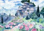  architecture blue_sky bridge building bush cliff cloud east_asian_architecture flower foliage forest garden highres kyuui mountainous_horizon nature no_humans original painting_(medium) path peony_(flower) pink_flower purple_flower river scenery sky town traditional_media tree walkway watercolor_(medium) wooden_bridge 